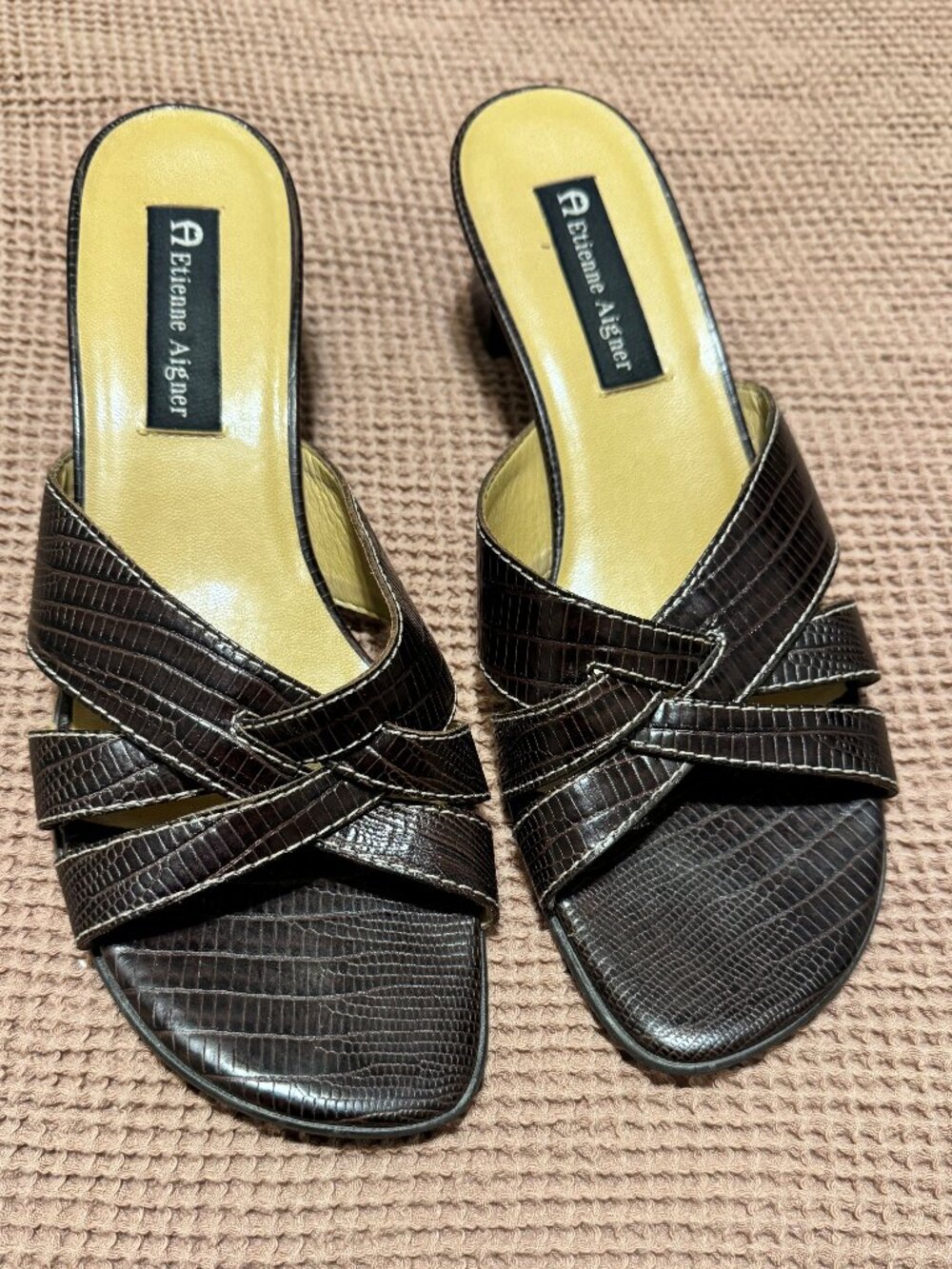 Etienne Aigner Faux-Lizard Embossed Crisscross Slide Sandals